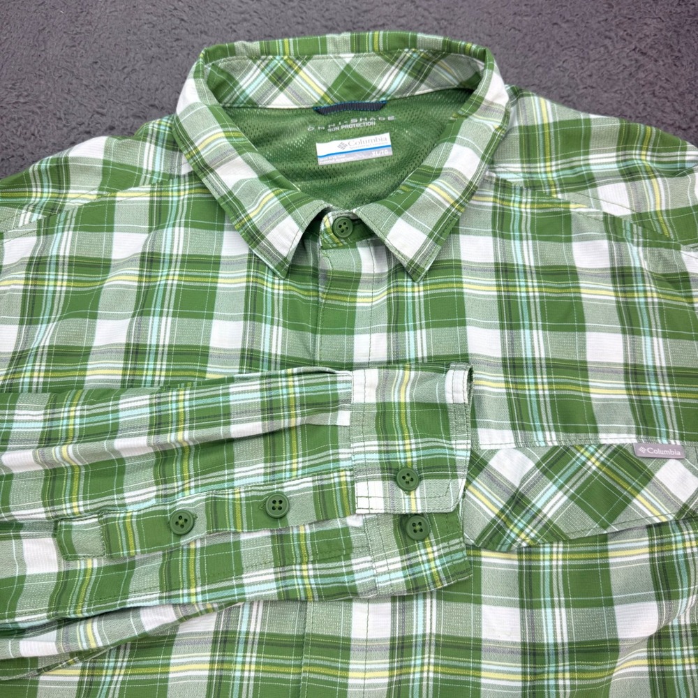 Columbia Shirt Mens XL Green‎ Plaid Omni-Shade Long Sleeve Button Down Outdoor